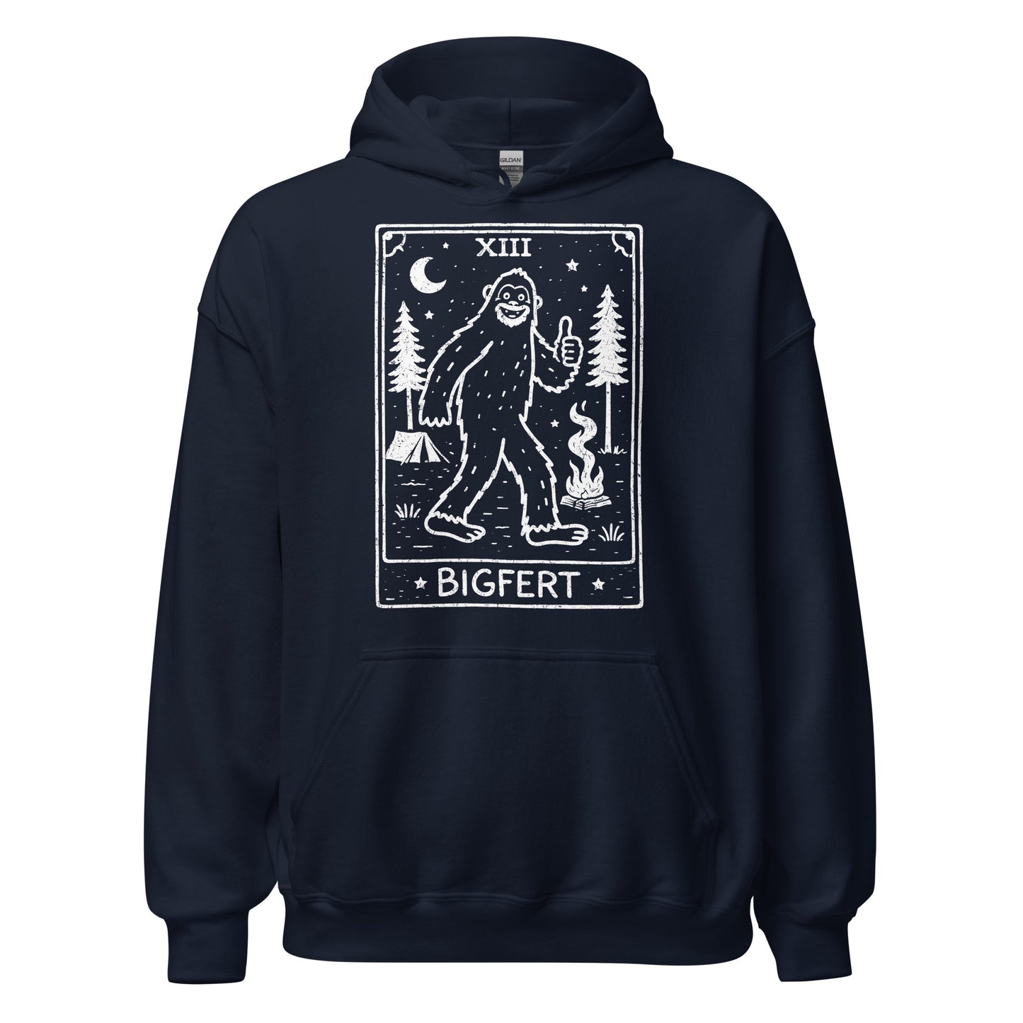 Navy blue hoodie with a graphic of a bigfoot-like creature and text on a white background