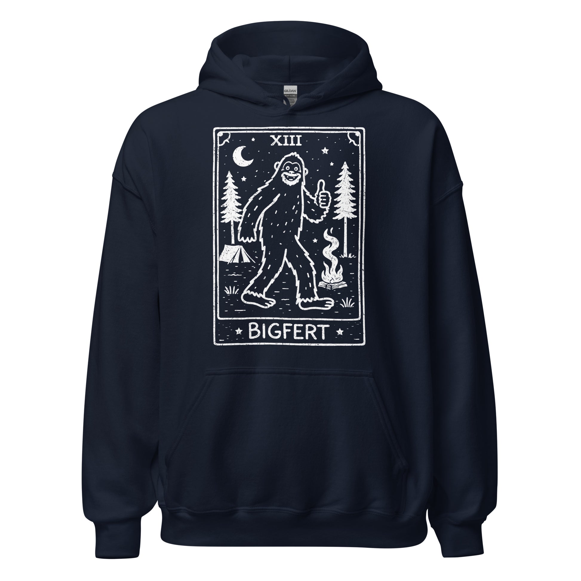 Navy blue hoodie with a graphic of a bigfoot-like creature and text on a white background