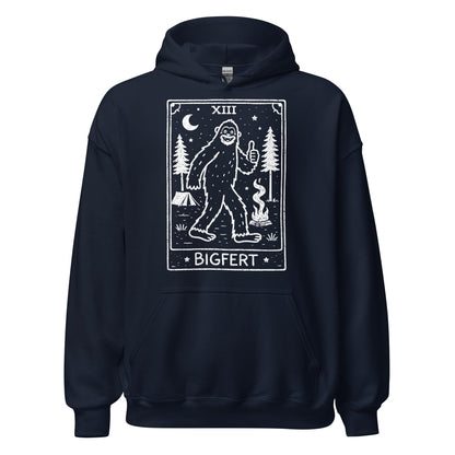Navy blue hoodie with a graphic of a bigfoot-like creature and text on a white background
