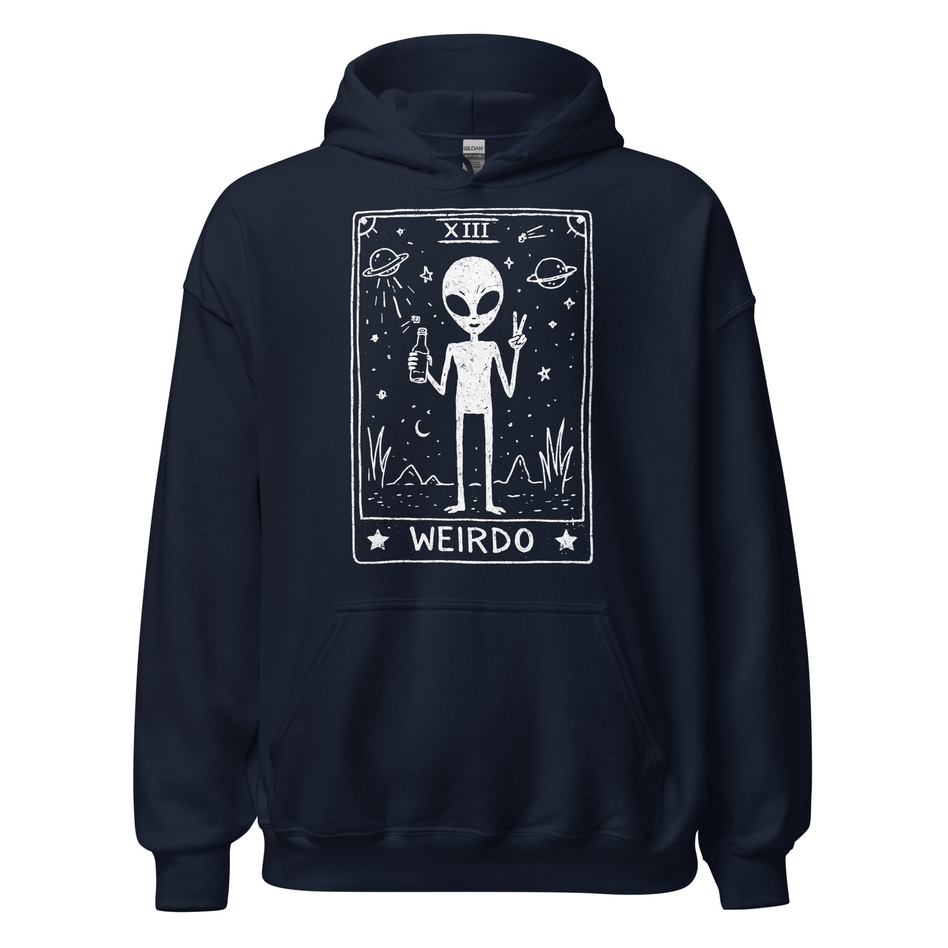 Navy blue hoodie with alien graphic and 'WEIRDO' text on a white background