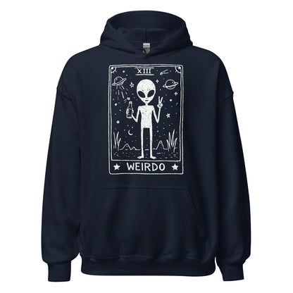 Navy blue hoodie with alien graphic and 'WEIRDO' text on a white background