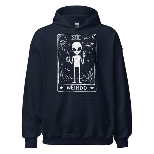 Navy blue hoodie with alien graphic and 'WEIRDO' text on a white background