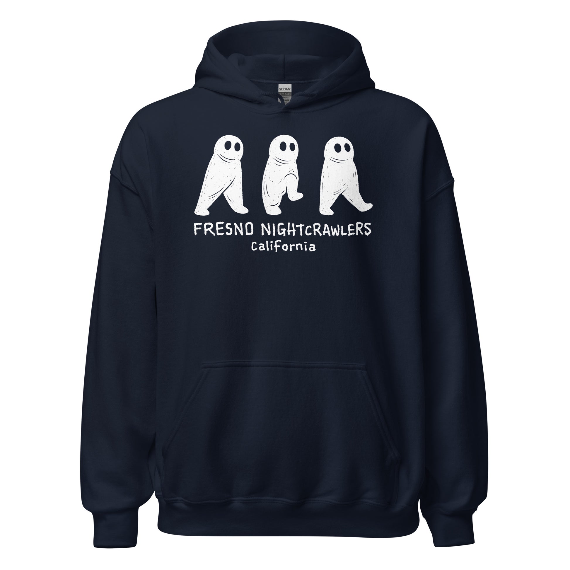 Front navy blue hoodie with Fresno Nightcrawler illustration