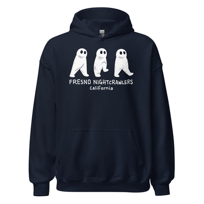 Front navy blue hoodie with Fresno Nightcrawler illustration
