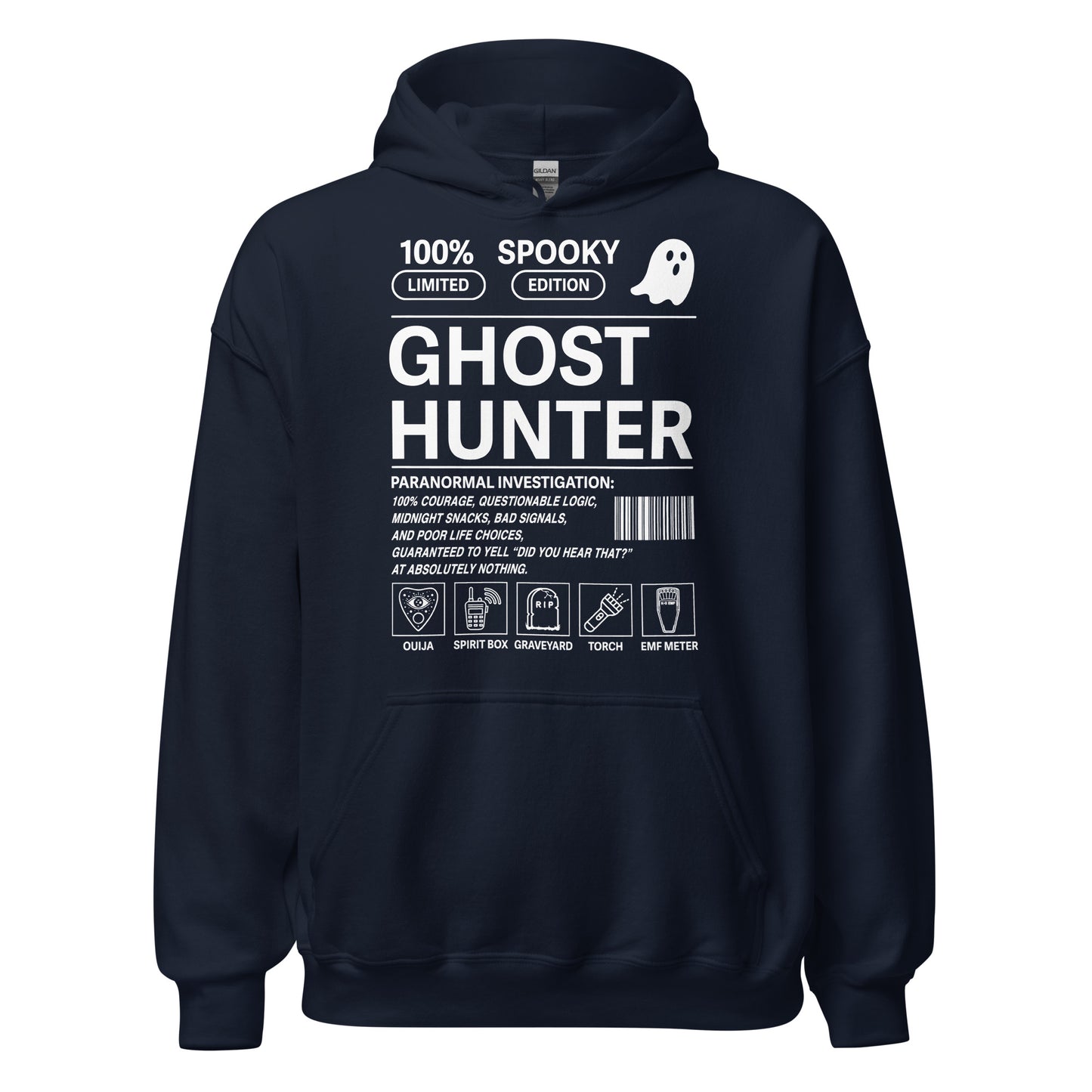 Paranormal investigator hoodie on navy blue featuring ghost hunting design