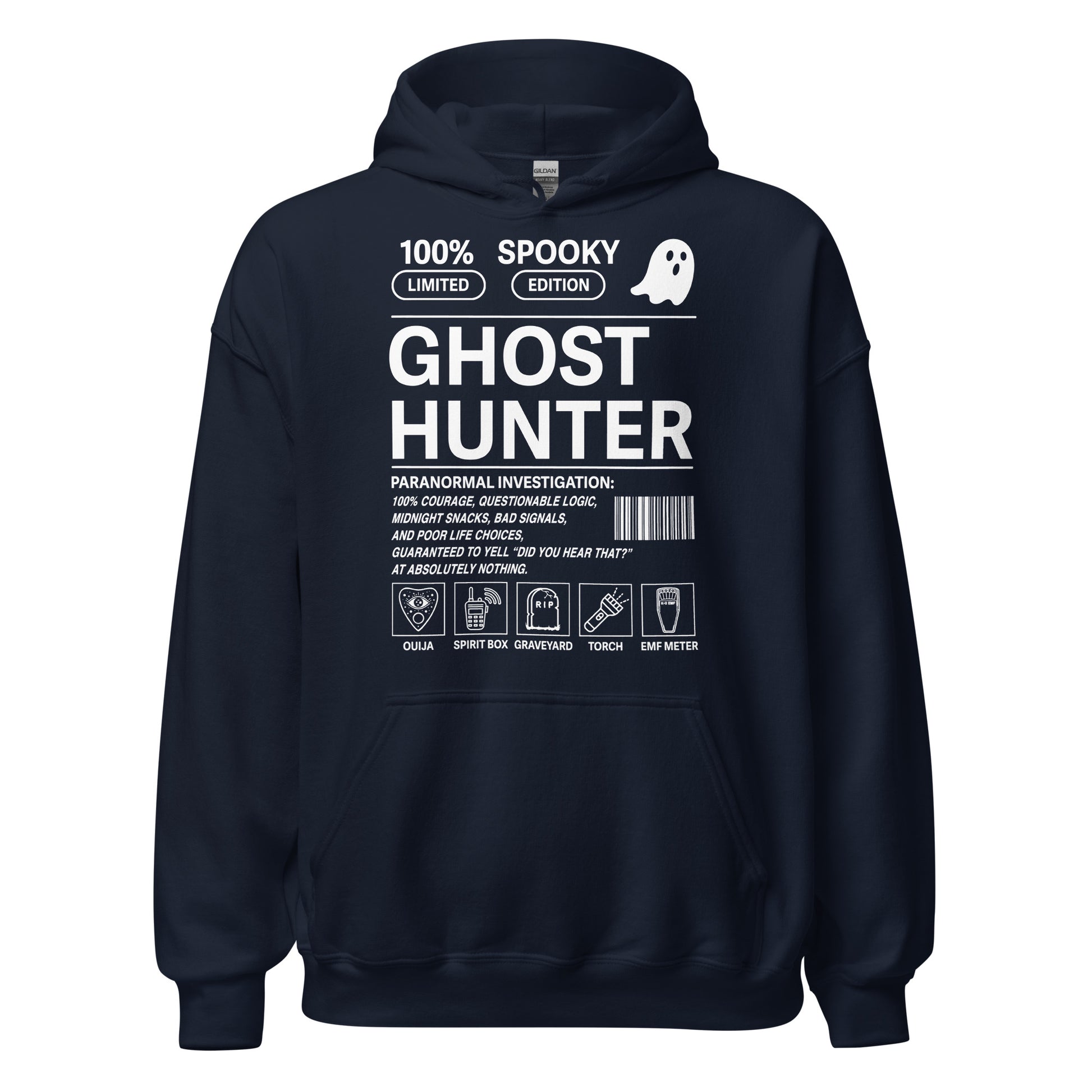 Paranormal investigator hoodie on navy blue featuring ghost hunting design