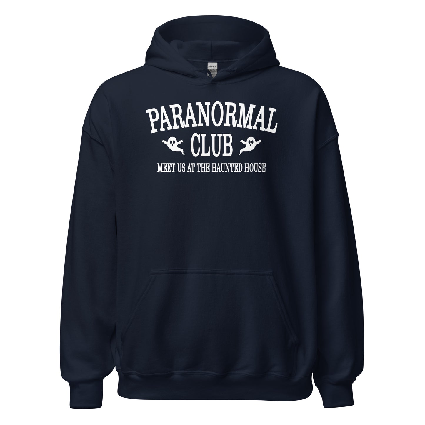 Paranormal Club Haunted House hoodie front view with ghost graphics and paranormal club artwork on navy blue fabric