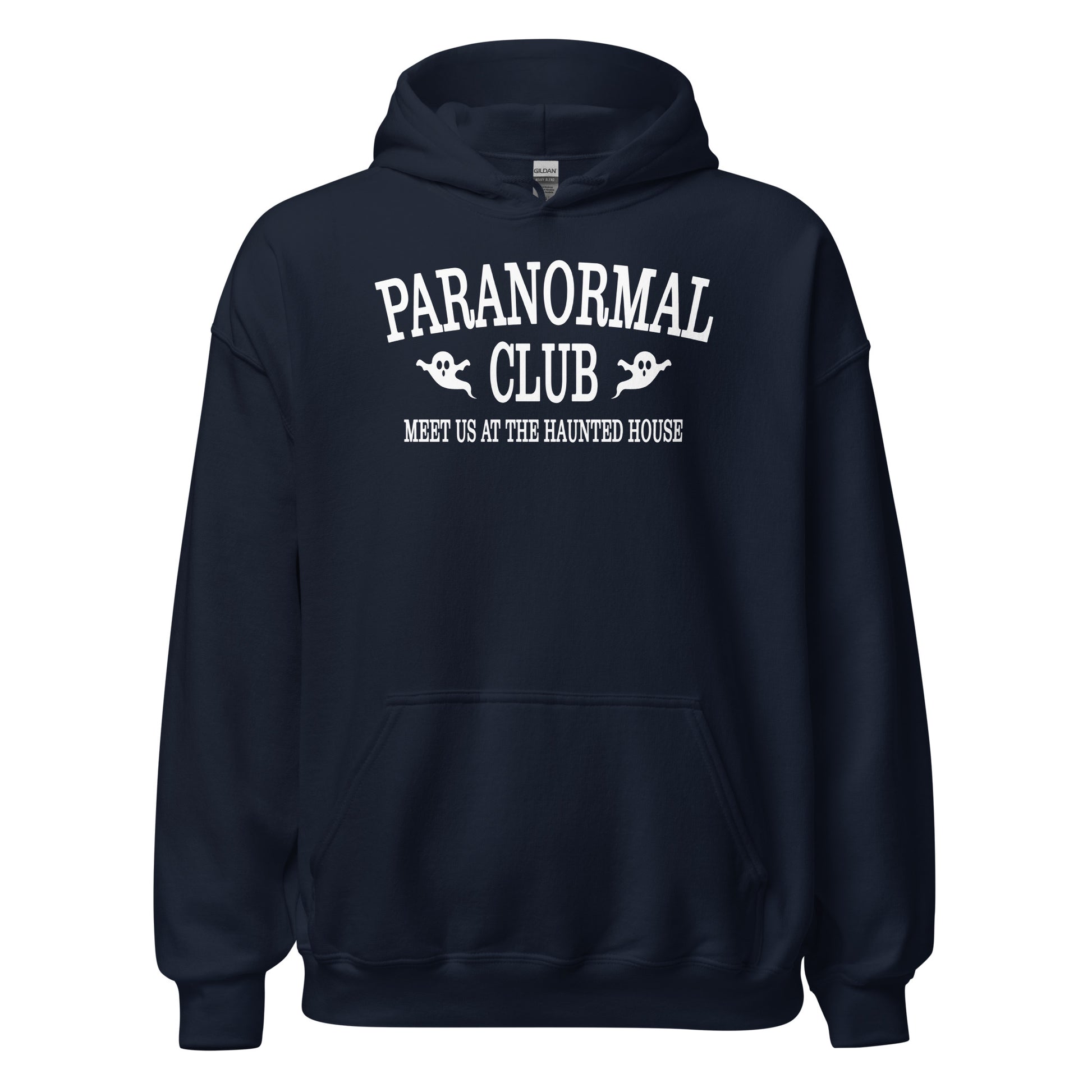 Paranormal Club Haunted House hoodie front view with ghost graphics and paranormal club artwork on navy blue fabric