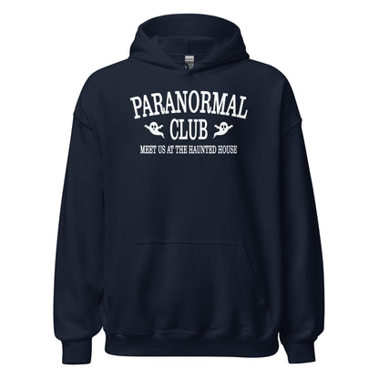 Paranormal Club Haunted House hoodie front view with ghost graphics and paranormal club artwork on navy blue fabric
