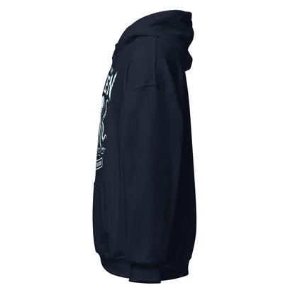 Left side angle of navy Kraken hoodie showing tentacle artwork placement, By Strange & Twisted
