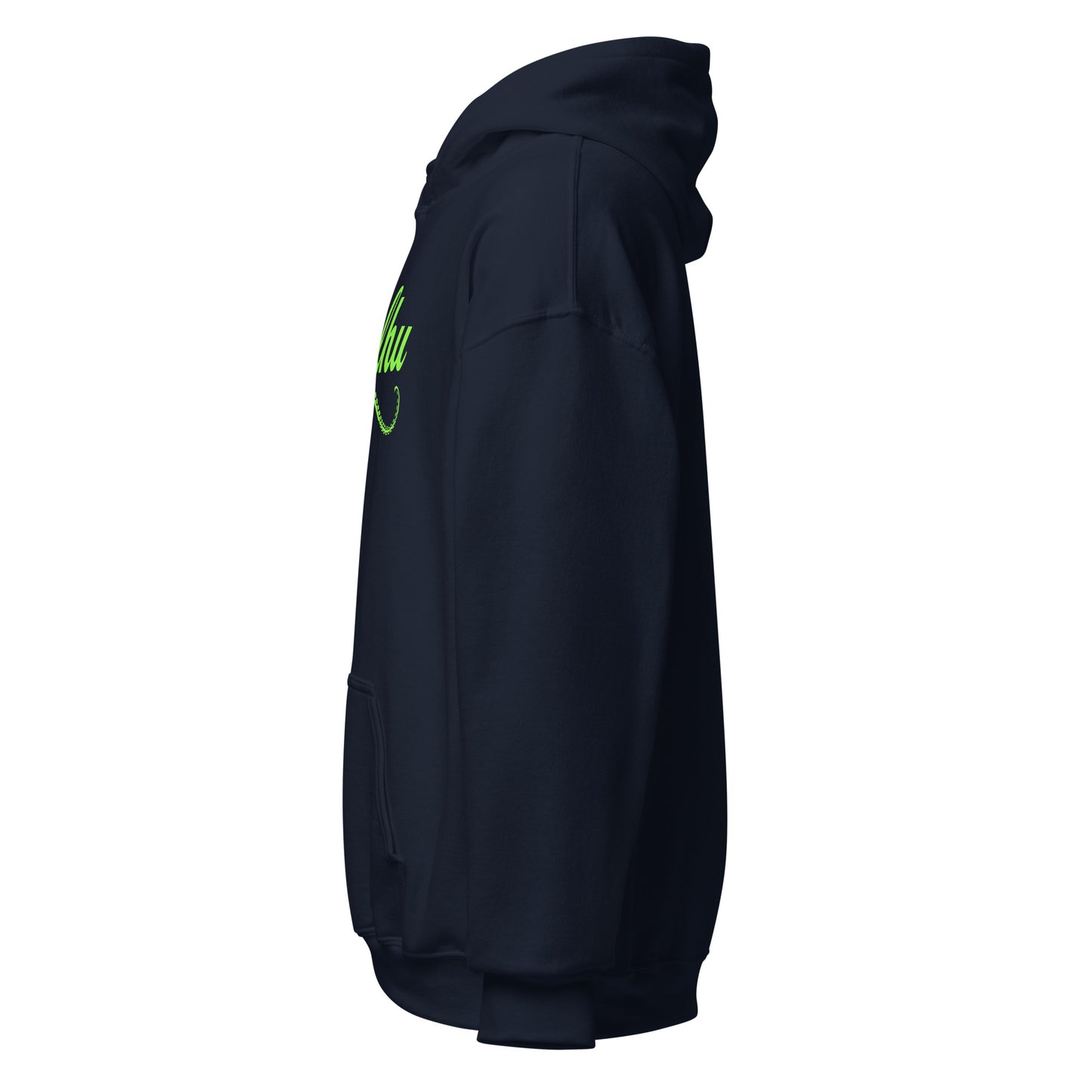 Left angle of navy hoodie showing design placement, By Strange and Twisted