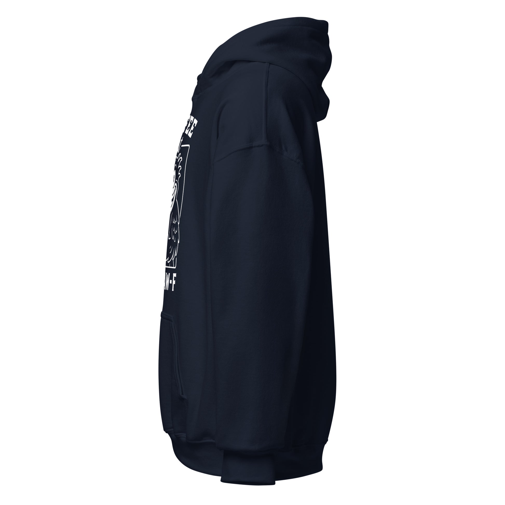 Left angle of navy hoodie highlighting sleeve and part of the raven graphic.