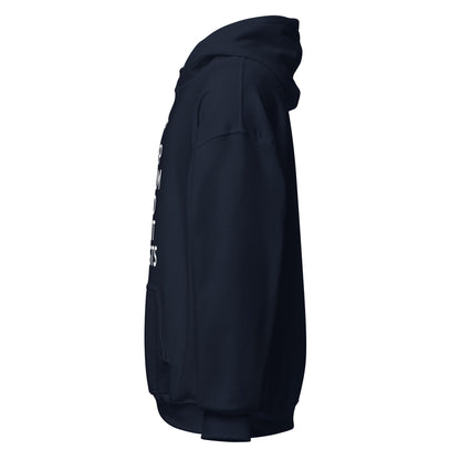 Black hoodie with white text on a white background