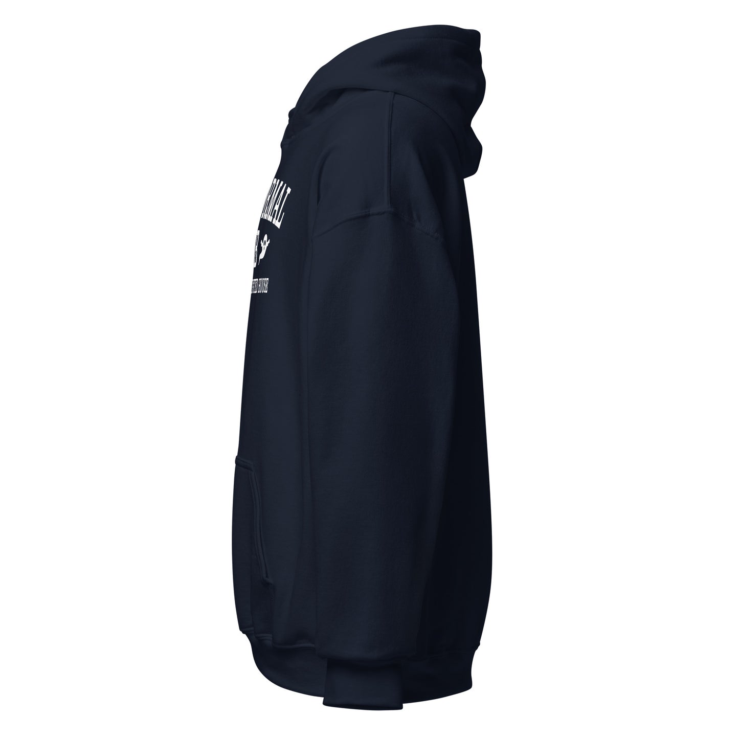 Navy blue paranormal hoodie with a logo on the chest against a white background