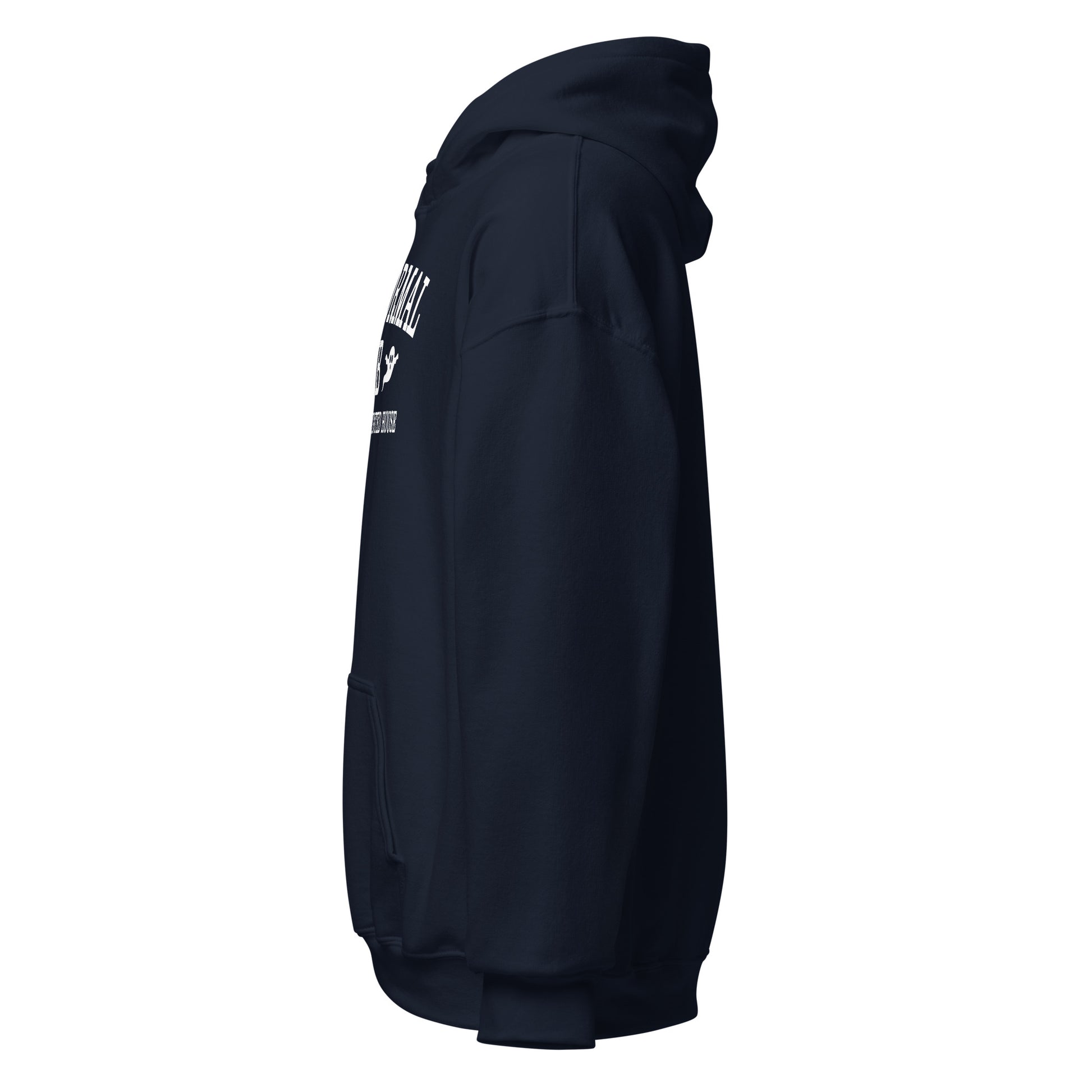 Navy blue paranormal hoodie with a logo on the chest against a white background