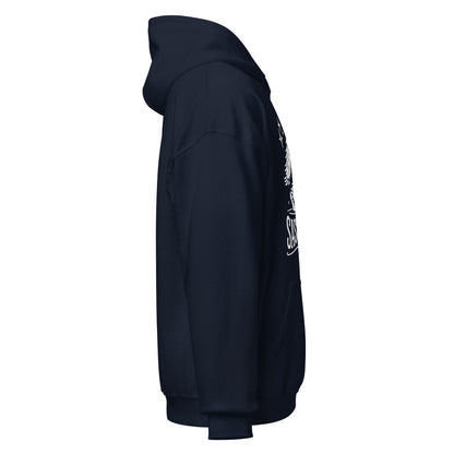ight angle of navy hoodie showing side profile with a partial view of the text and illustration.