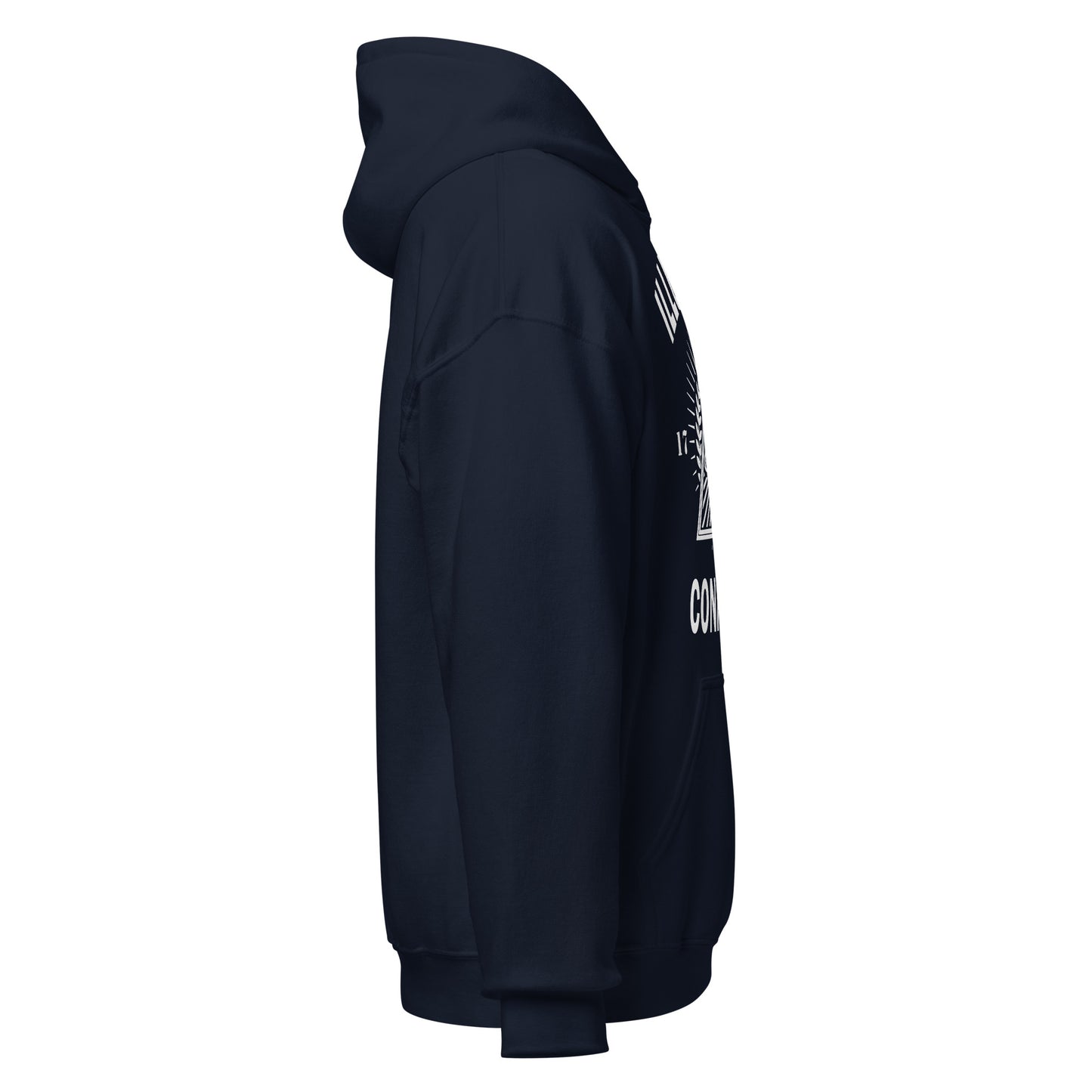 Right angle of navy hoodie showing side profile and partial triangle outline.
