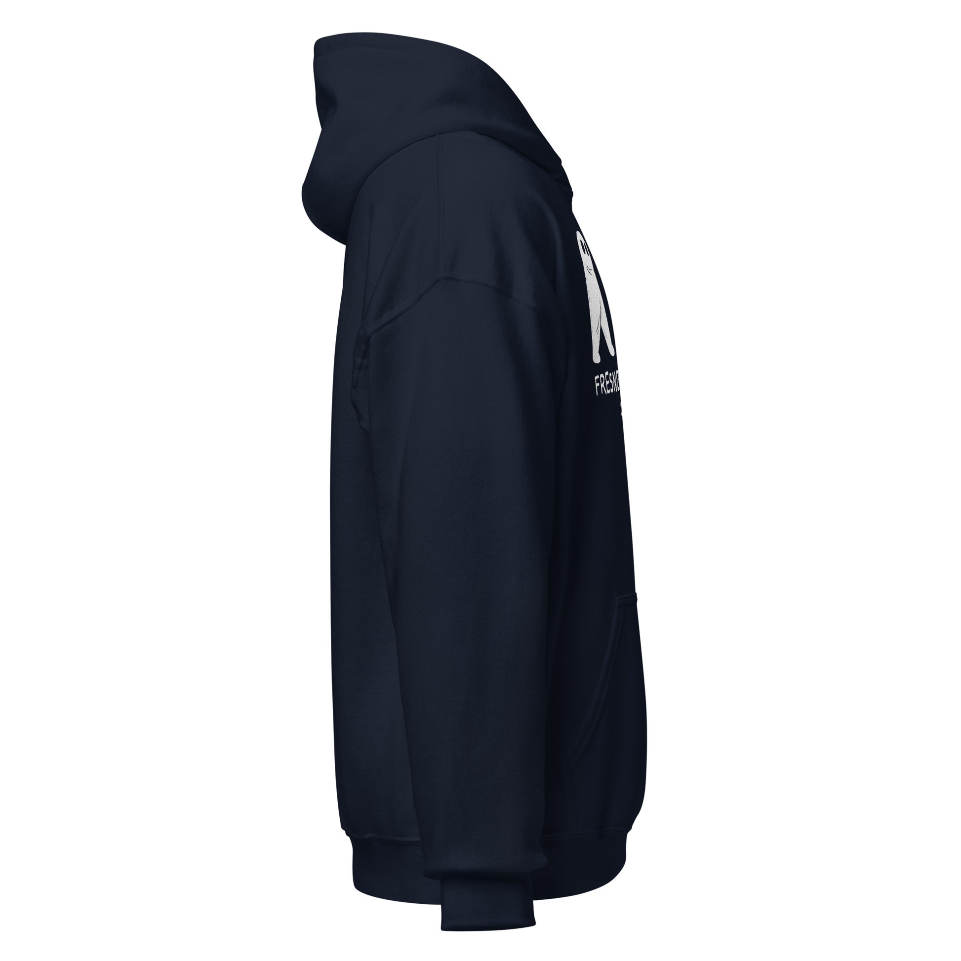 Right view navy blue hoodie displaying paranormal design detail