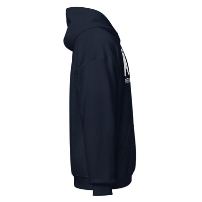 Right view navy blue hoodie displaying paranormal design detail