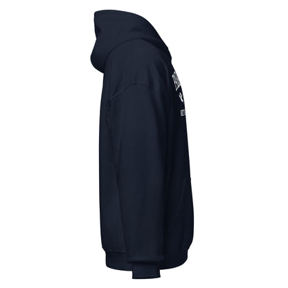 Navy Blue hoodie with colorful text on the sleeve against a white background