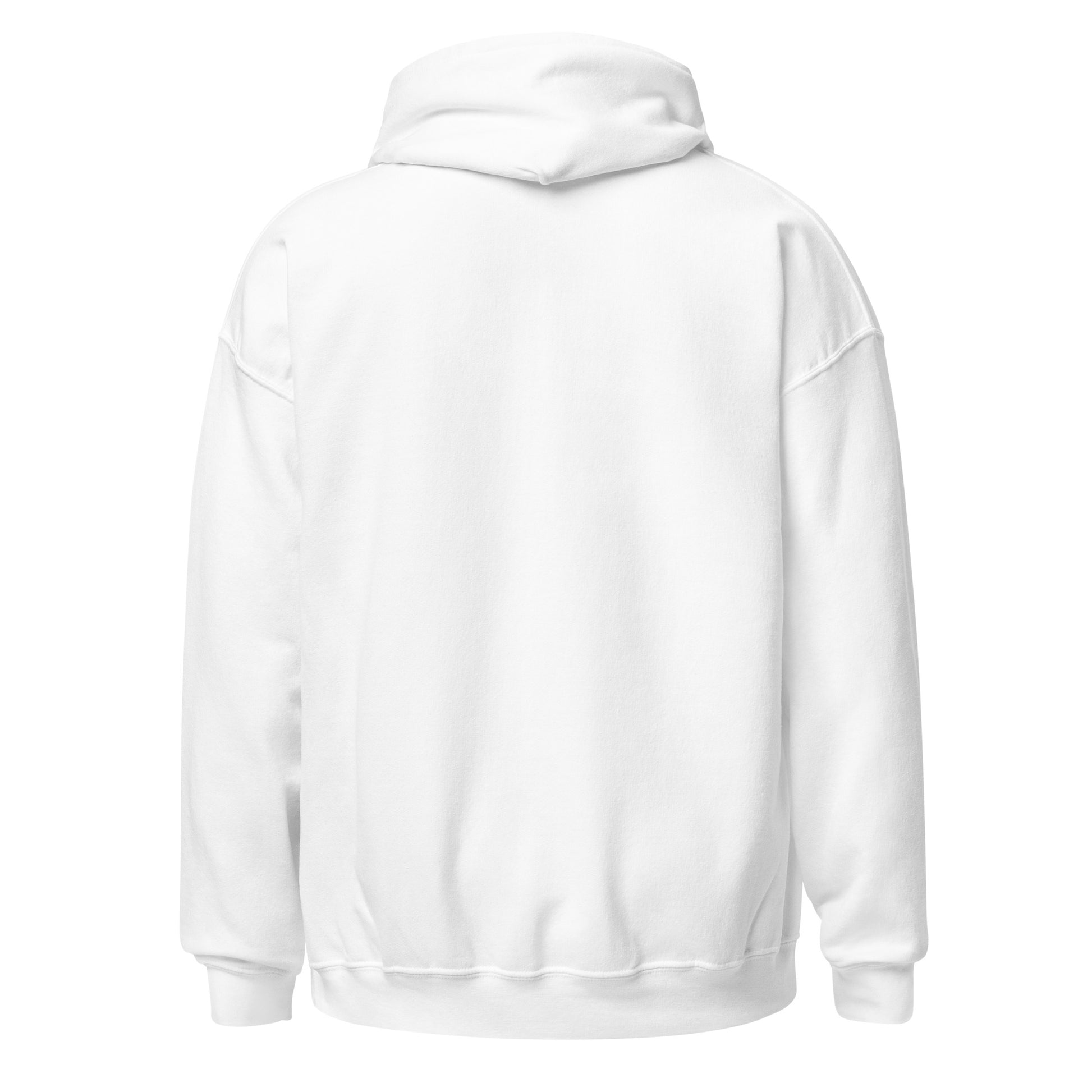 Plain white back of the unisex Lucifurr gothic cat hooded sweatshirt