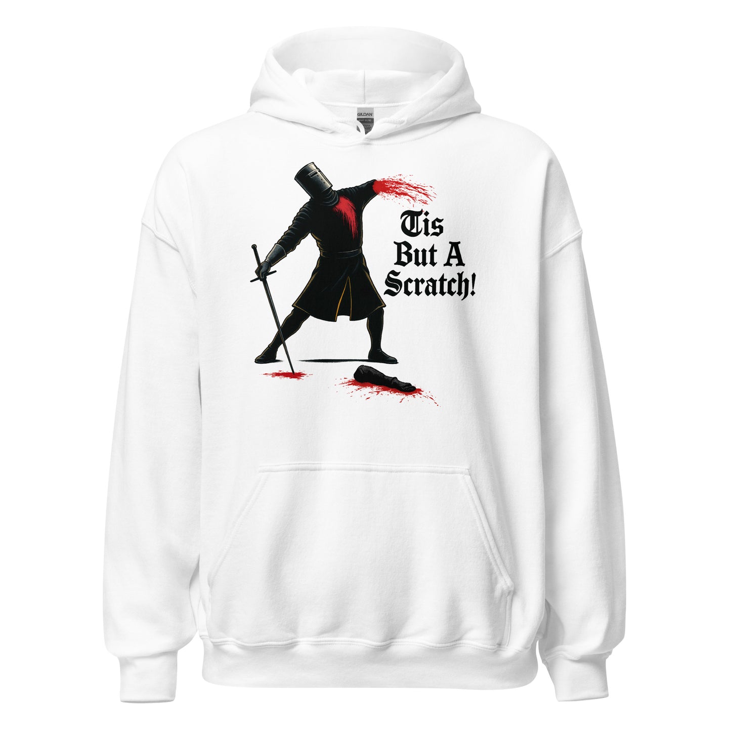 medieval knight parody “Tis But A Scratch” design printed on white hoodie, front view by Strange & Twisted