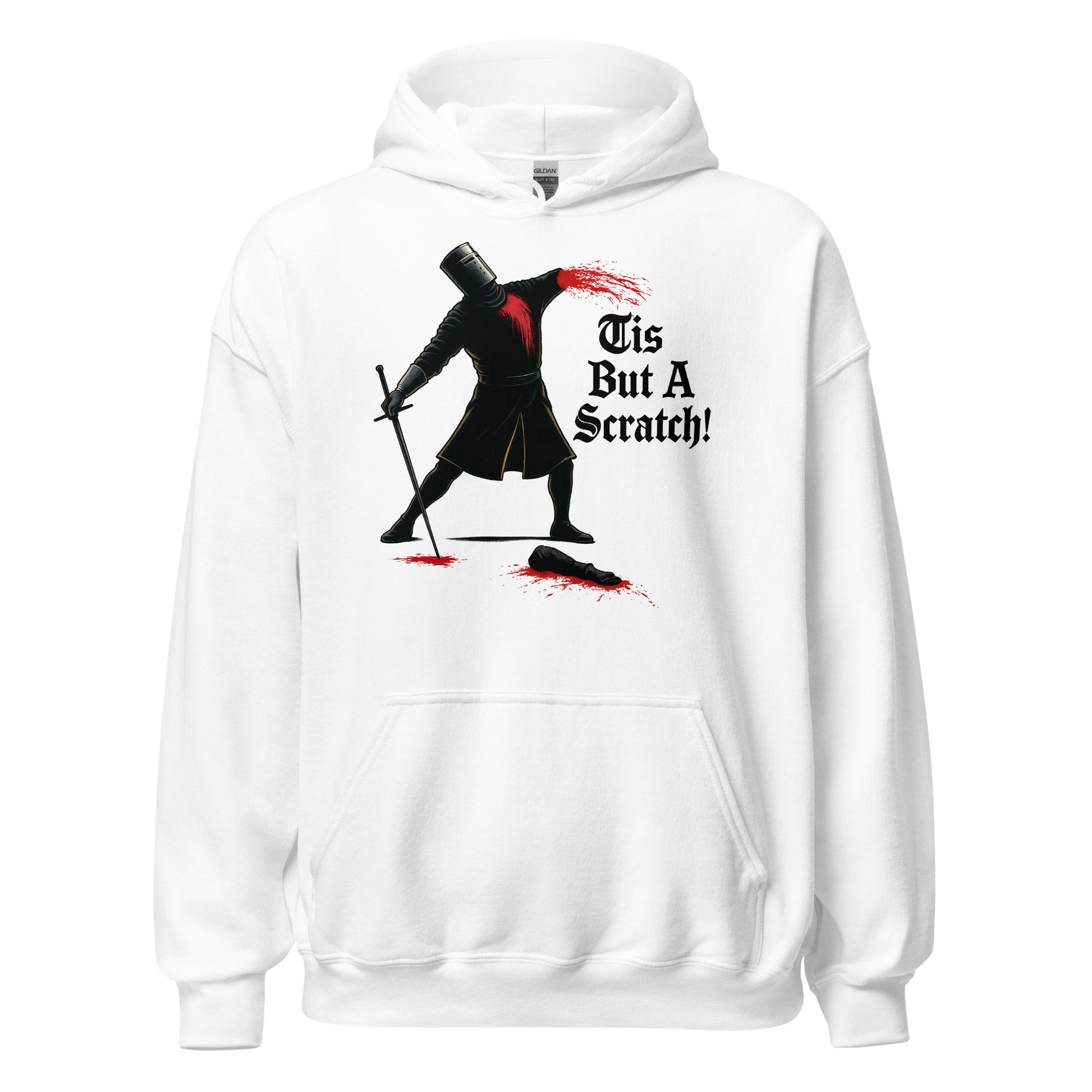 medieval knight parody “Tis But A Scratch” design printed on white hoodie, front view by Strange & Twisted