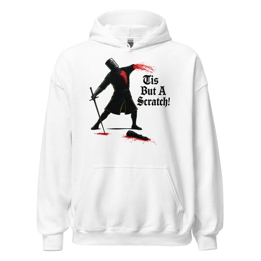 medieval knight parody “Tis But A Scratch” design printed on white hoodie, front view by Strange & Twisted