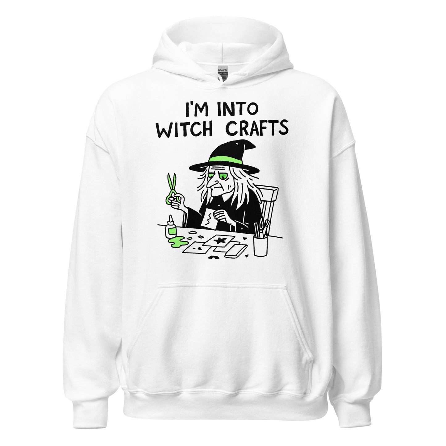 Funny “I’m Into Witch Crafts” witchy hoodie on white, front view, by Strange & Twisted