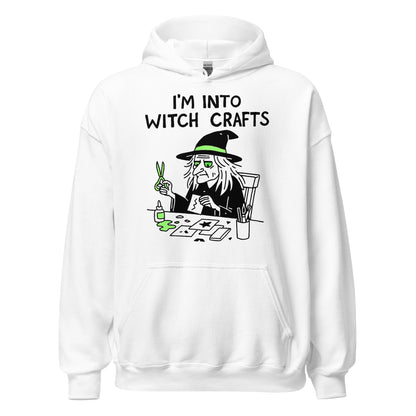 Funny “I’m Into Witch Crafts” witchy hoodie on white, front view, by Strange & Twisted