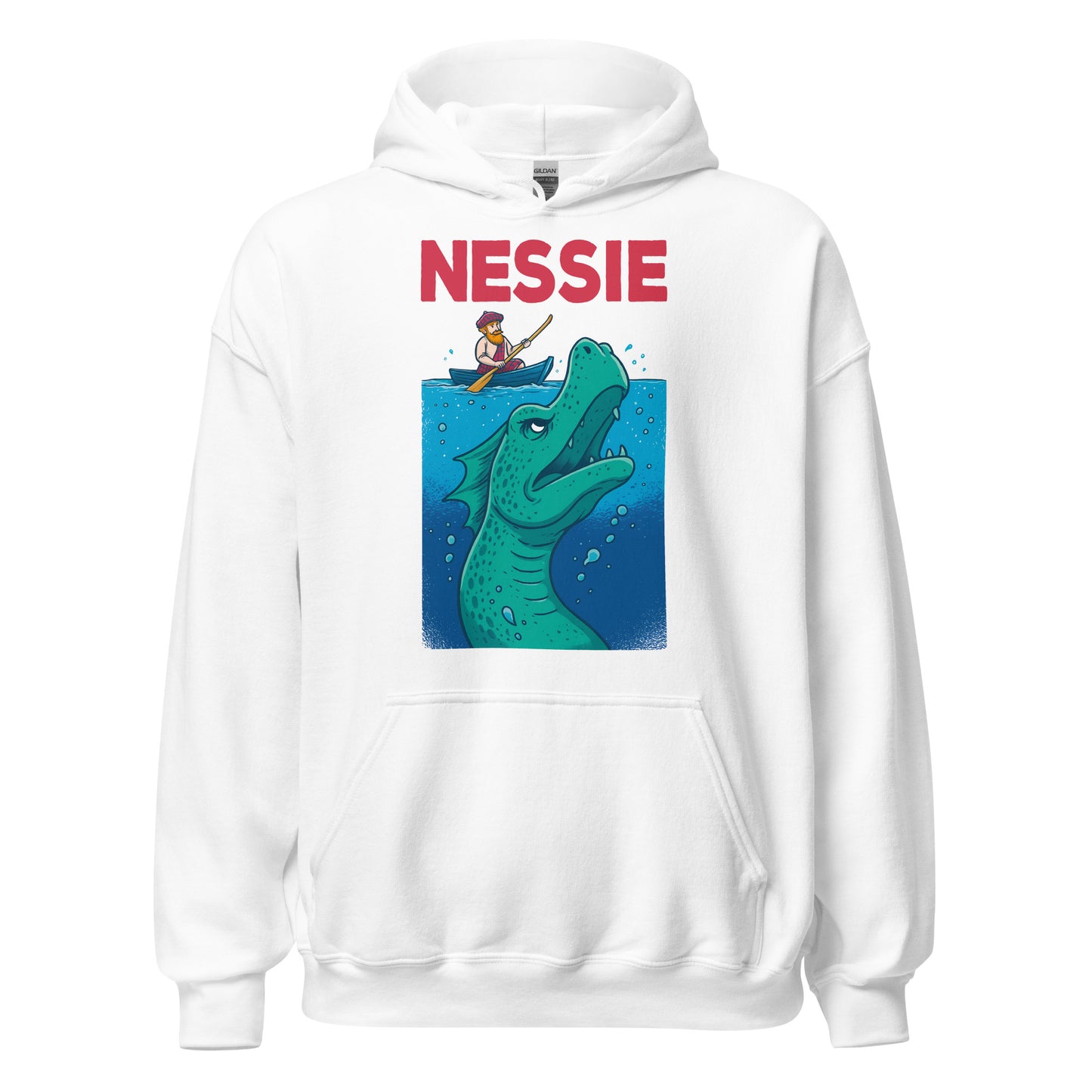 White hoodie with colourful Nessie parody graphic showing Loch Ness Monster and Scottish rower, By Strange & Twisted