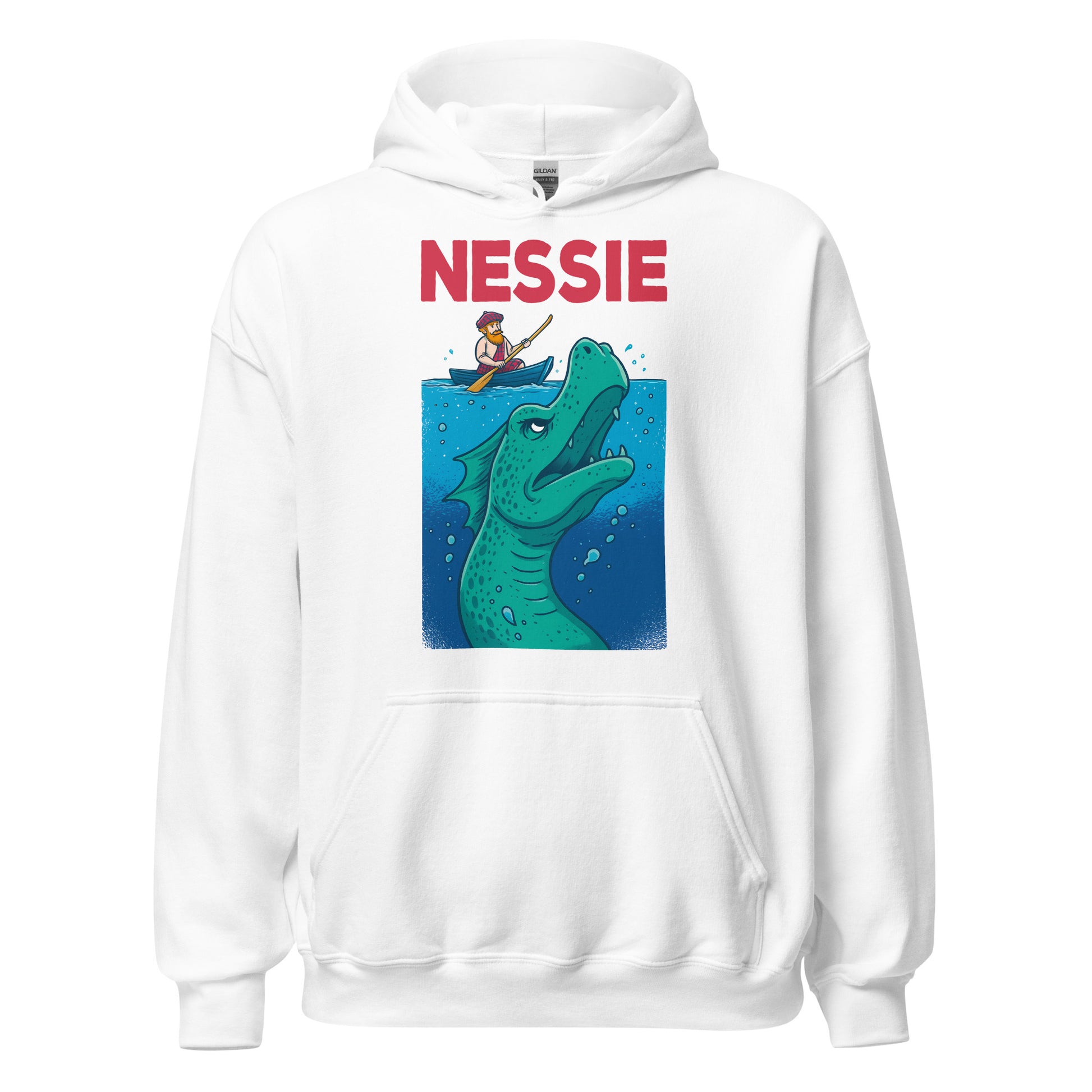 White hoodie with colourful Nessie parody graphic showing Loch Ness Monster and Scottish rower, By Strange & Twisted