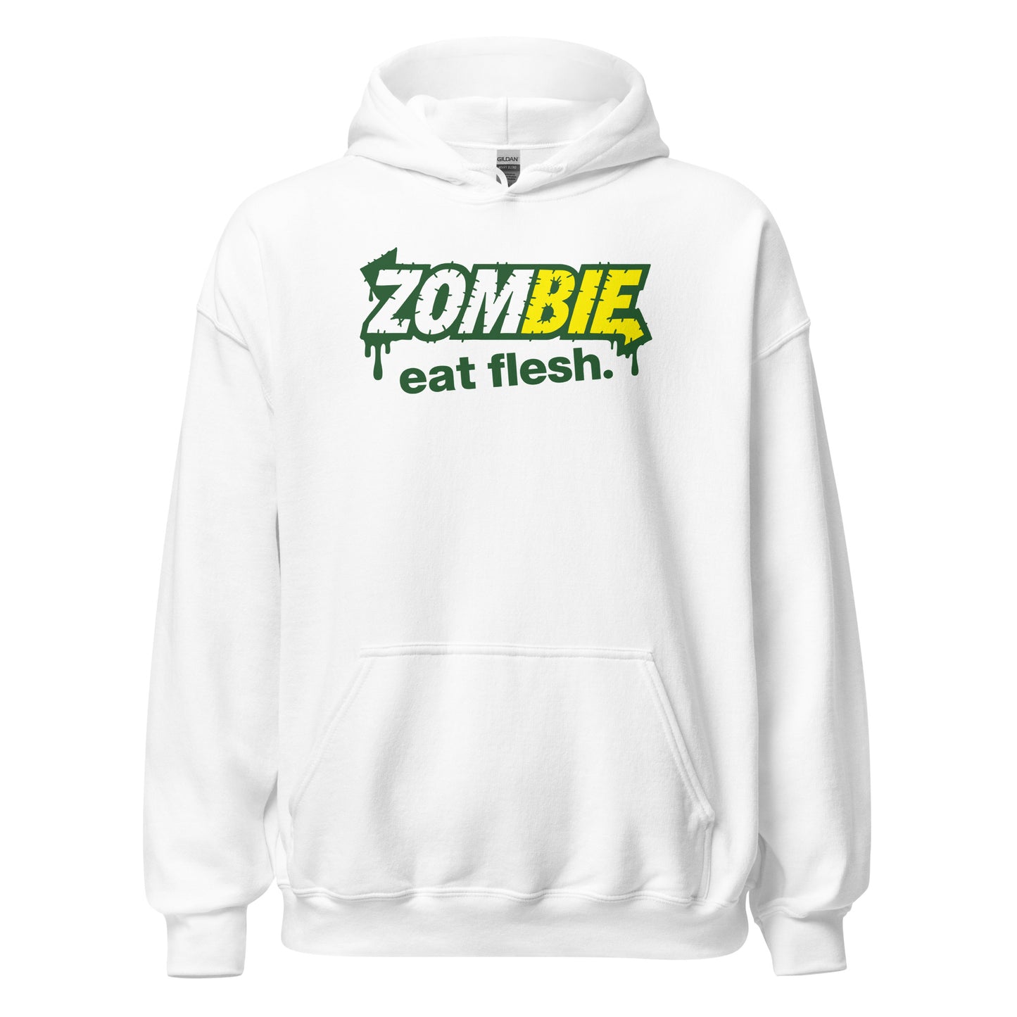 White hoodie with green and yellow Zombie Eat Flesh parody artwork printed on the front, By Strange & Twisted