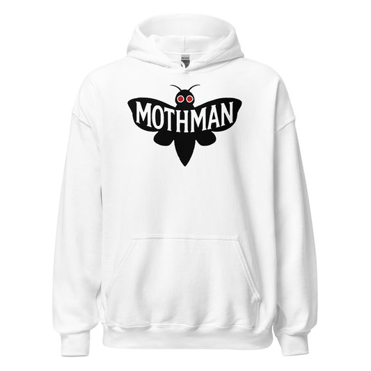 White hoodie with black outline Mothman artwork and red eyes for a clean cryptid aesthetic, By Strange and Twisted
