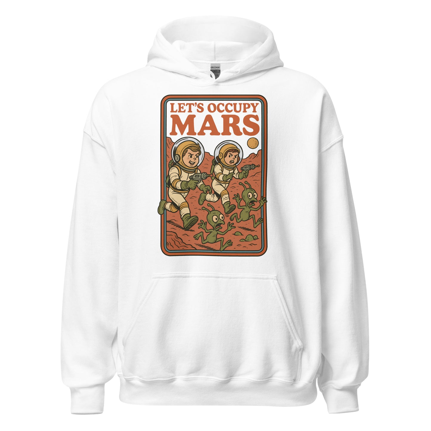 White hoodie featuring a retro Mars scene with two astronauts aiming ray guns at running green aliens under bold Lets Occupy Mars text.