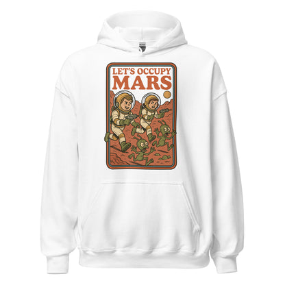 White hoodie featuring a retro Mars scene with two astronauts aiming ray guns at running green aliens under bold Lets Occupy Mars text.
