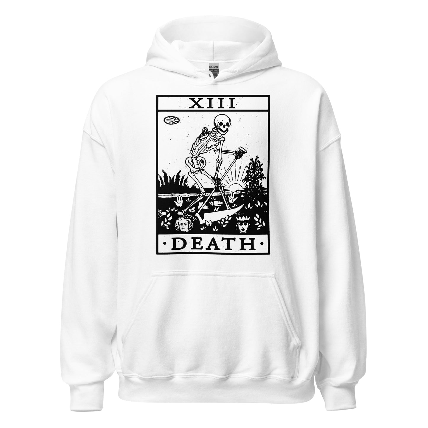 White hoodie featuring a minimalist Death tarot card illustration in clean white linework.