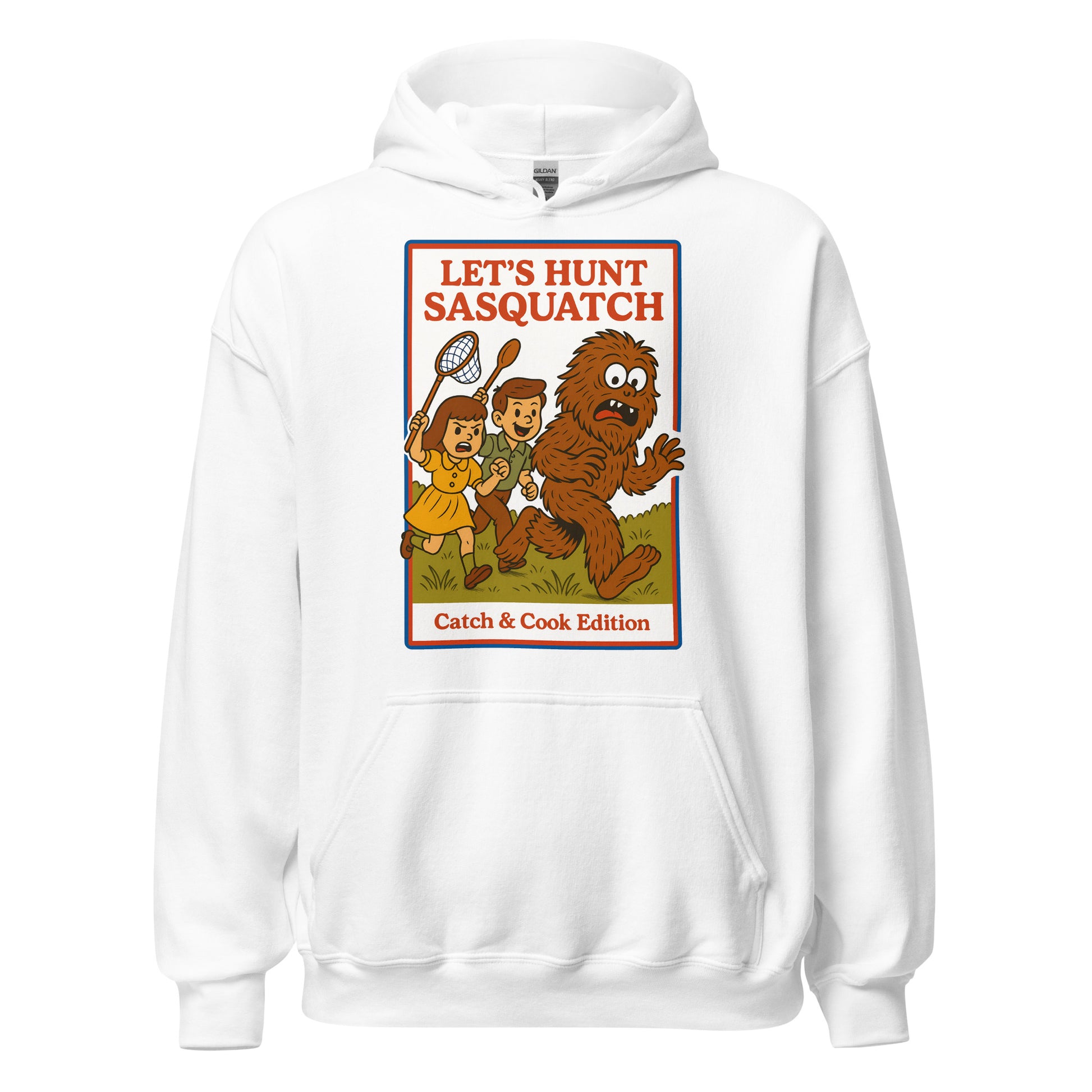 White hoodie featuring a cartoon sasquatch being chased in a vintage style cryptid parody illustration with Lets Hunt Sasquatch text.