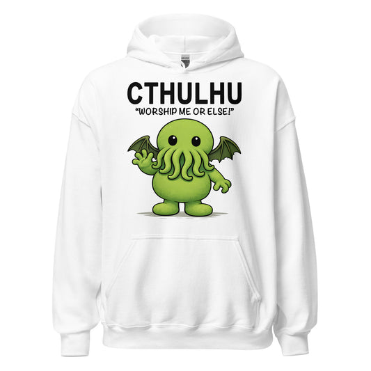 White hoodie with a green Cthulhu graphic and text on a white background