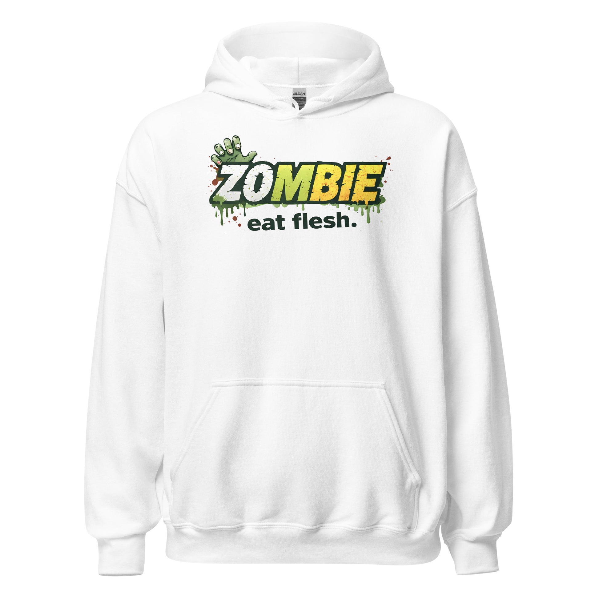 White horror hoodie with 'Zombie eat flesh.' text and graphic on a white background