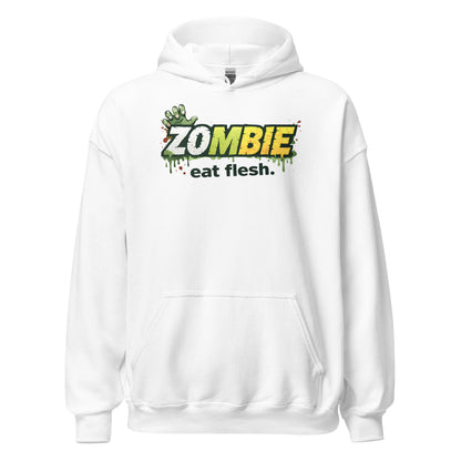 White horror hoodie with 'Zombie eat flesh.' text and graphic on a white background