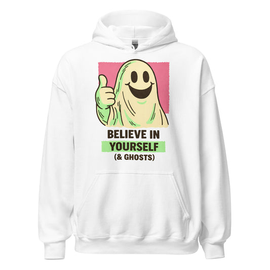 Cute smiling ghost thumbs up hoodie on white with Believe In Yourself wording