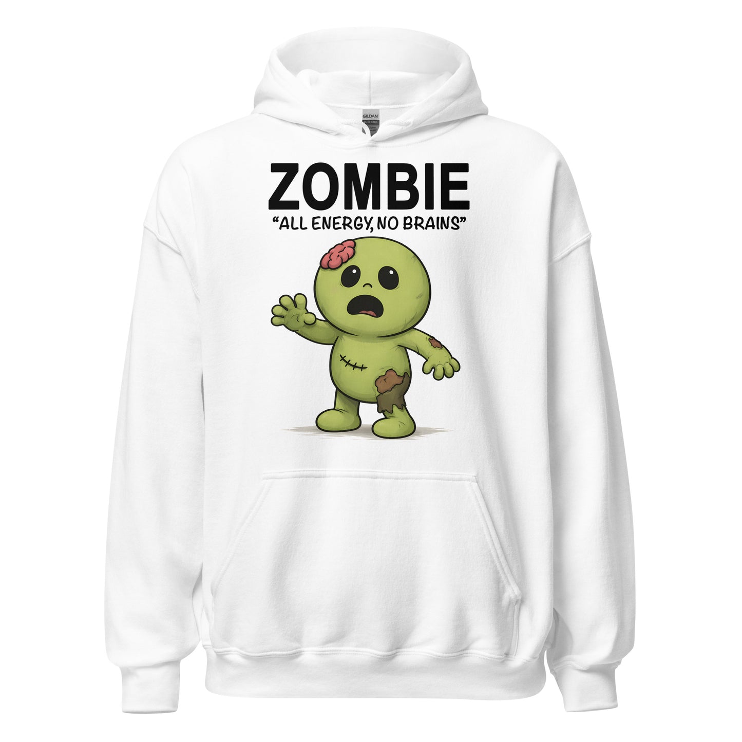 Cute cartoon zombie hoodie on white with All Energy No Brains text