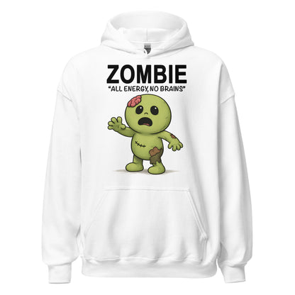 Cute cartoon zombie hoodie on white with All Energy No Brains text
