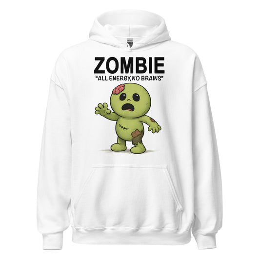 Cute cartoon zombie hoodie on white with All Energy No Brains text