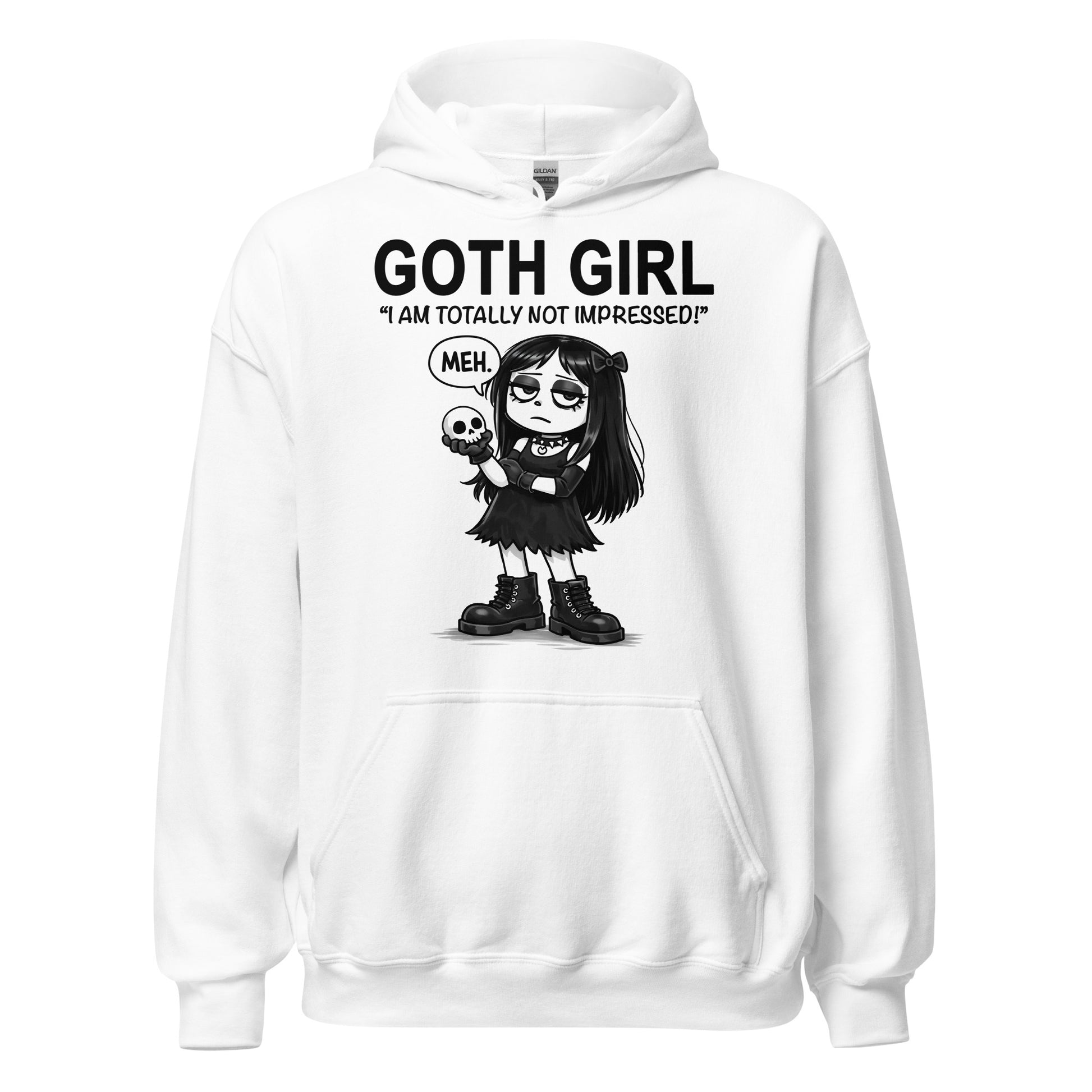 Cute goth girl cartoon hoodie on white with skull and sarcastic text