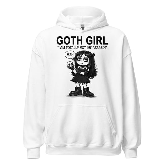 Cute goth girl cartoon hoodie on white with skull and sarcastic text