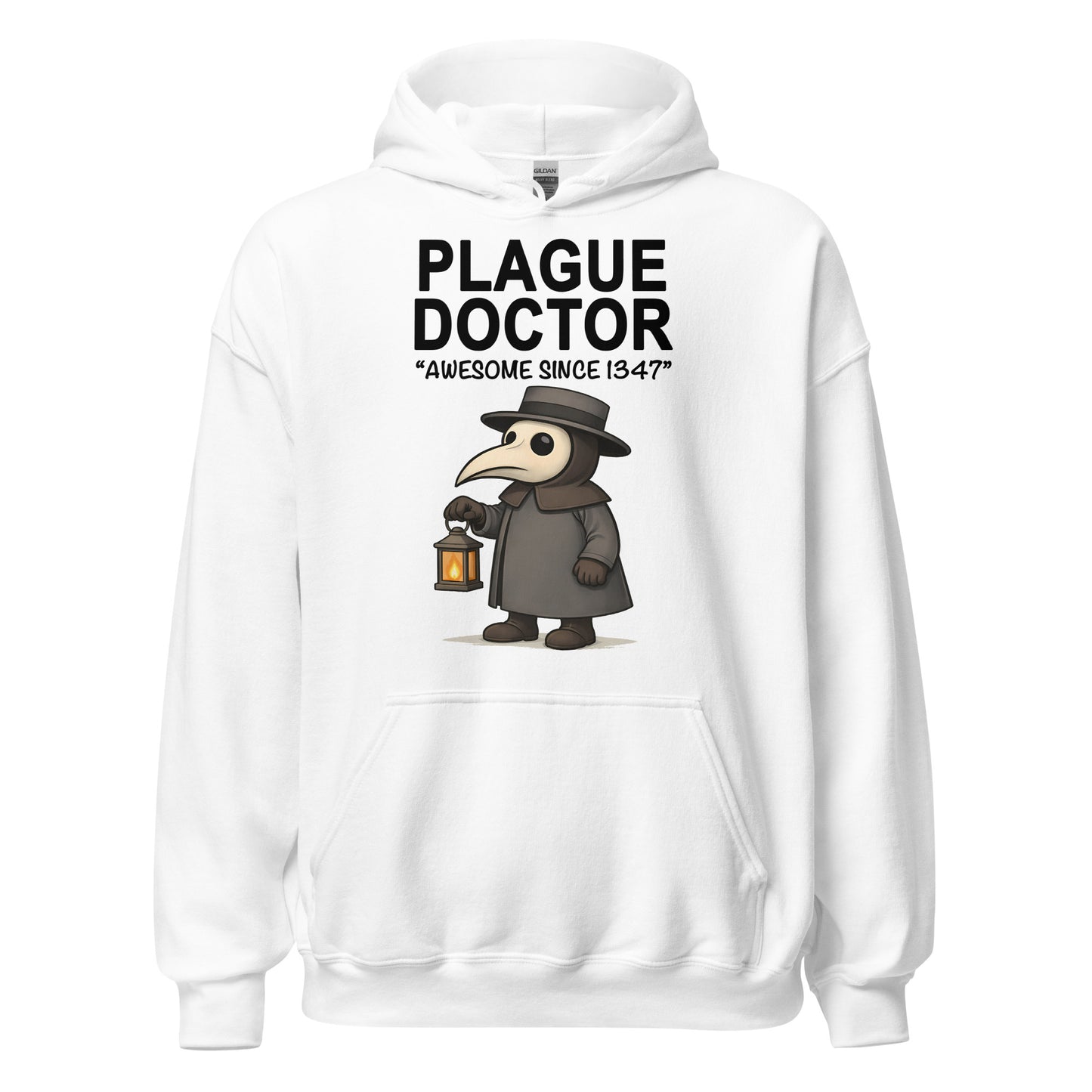 Cute plague doctor cartoon hoodie on white holding lantern with Awesome Since 1347 text