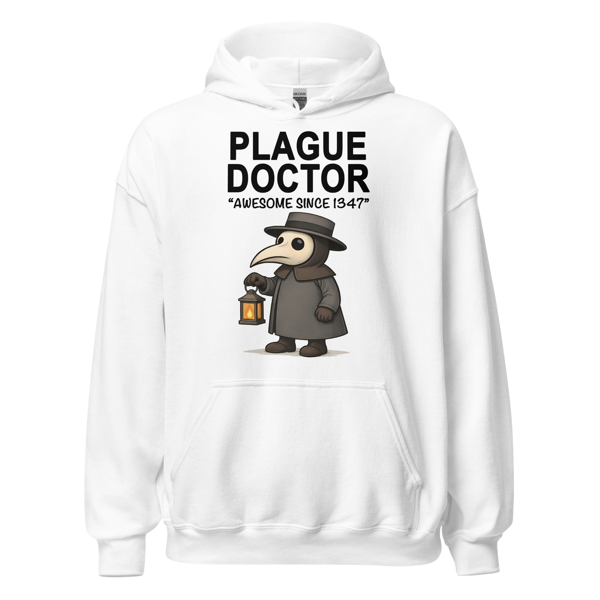 Cute plague doctor cartoon hoodie on white holding lantern with Awesome Since 1347 text