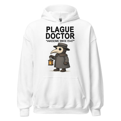 Cute plague doctor cartoon hoodie on white holding lantern with Awesome Since 1347 text